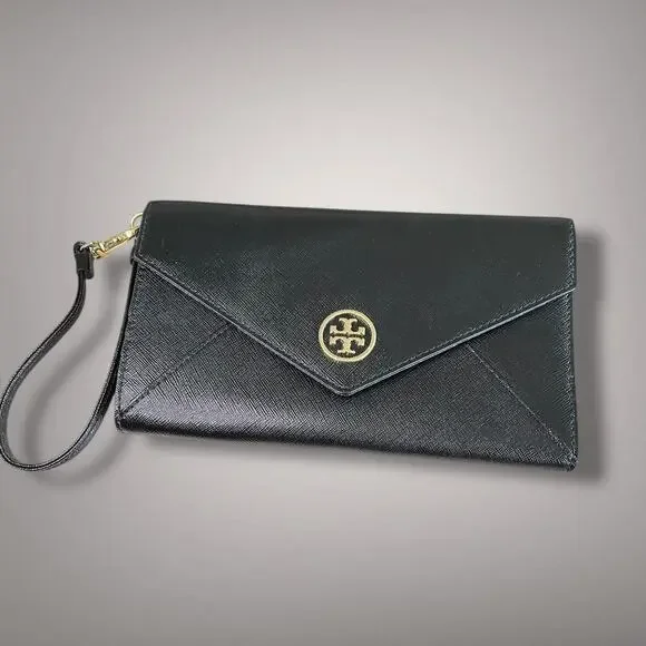 Like New TORY BURCH Black Saffiano Leather Robinson Envelope Wristlet Clutch - Picture 1 of 14